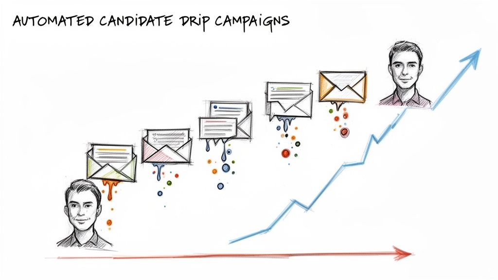 Illustration of automated candidate drip campaigns showing a person receiving emails and progressing upwards on a graph.