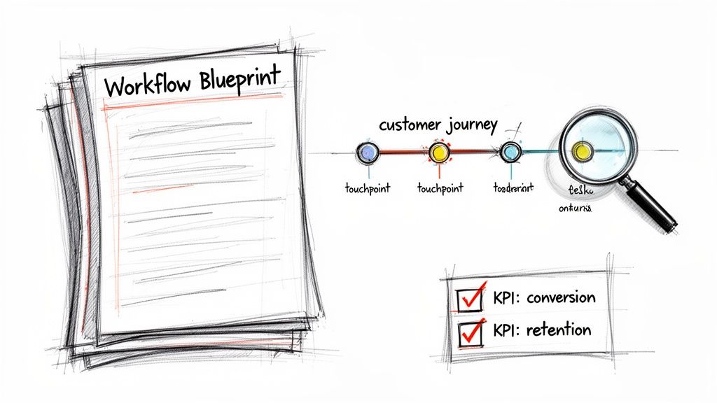 Diagram illustrating a workflow blueprint, customer journey touchpoints, and conversion/retention KPIs.