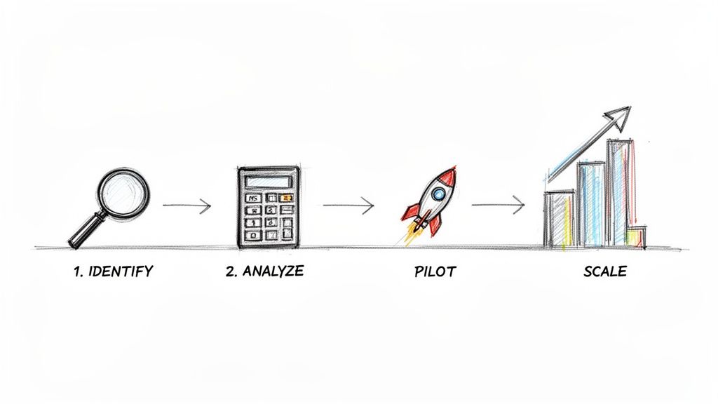 A hand-drawn diagram illustrating a four-step process: Identify, Analyze, Pilot, and Scale, with icons.