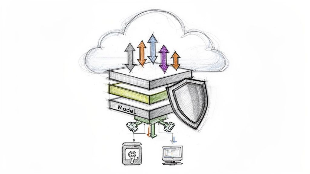 A sketch illustrating a secure cloud-based data workflow with a layered model and connected devices.