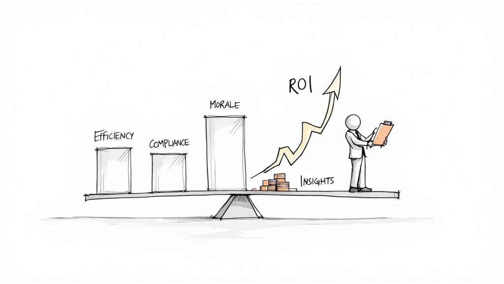 A drawing depicts efficiency, compliance, and morale balancing insights, leading to increased ROI.