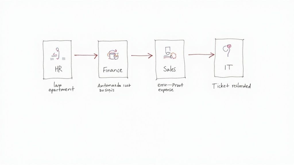 A hand-drawn workflow diagram showing HR, Finance, Sales, and IT departments connected by arrows.