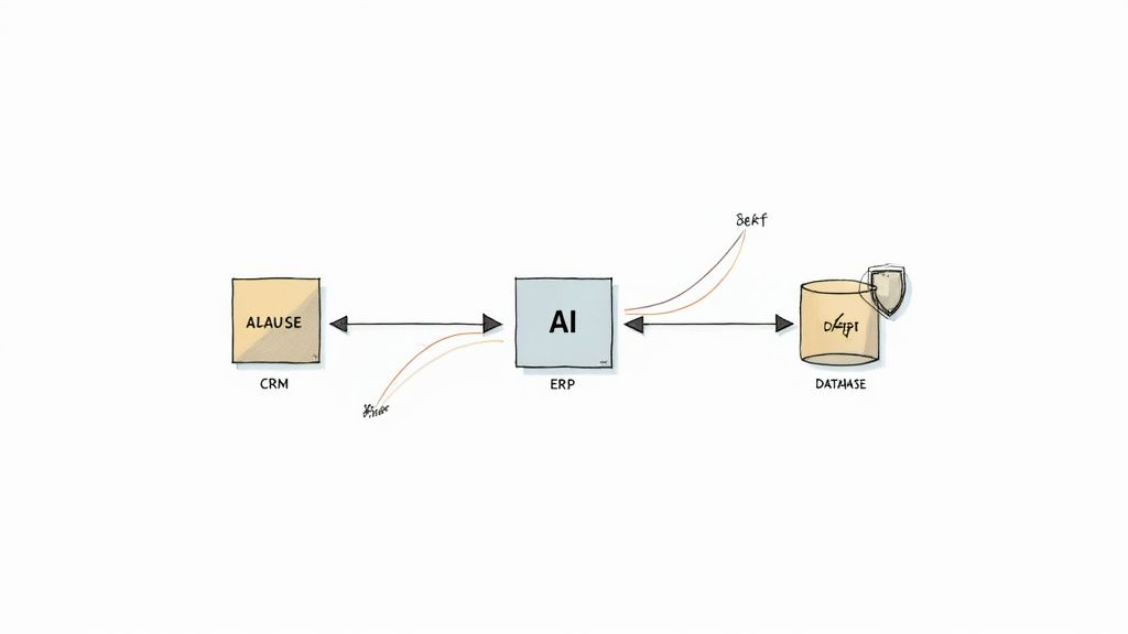A visual representation of data pipelines connecting various business systems like CRM and ERP to a central AI hub.