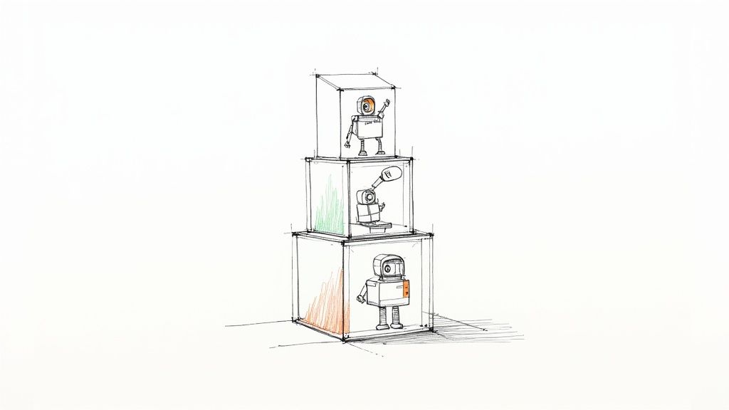 Sketch of three stylized robots in a stack of clear boxes, each exhibiting a different action.