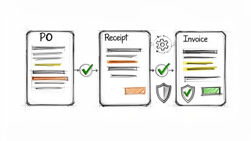 Workflow diagram illustrating the matching of purchase orders, receipts, and invoices for automated processing.