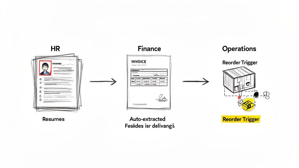 A workflow diagram illustrates HR resumes, auto-extracted finance invoice data, and an operations reorder trigger.