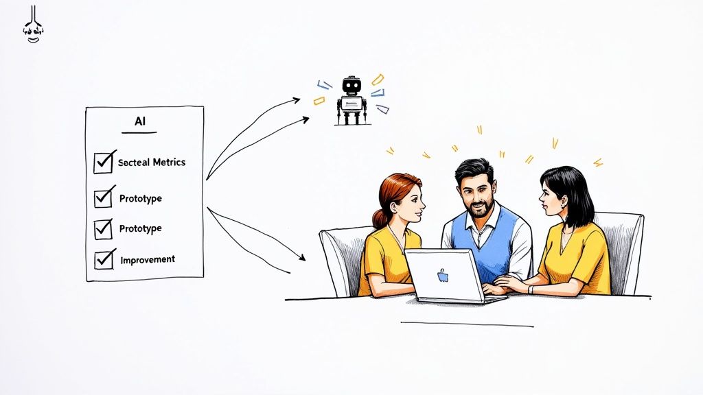 A team of professionals collaborating on a digital whiteboard, designing an AI workflow.