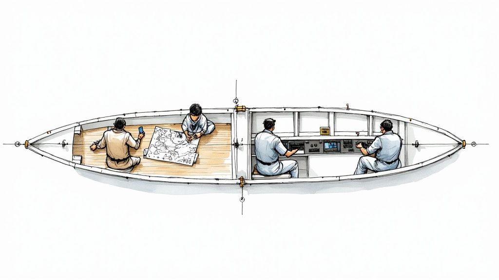 Overhead illustration of a boat interior, showing one crew navigating with maps and another operating controls.