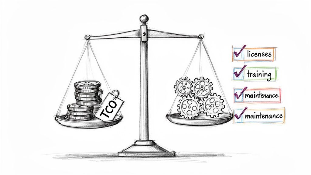 An illustration of a scale balancing TCO costs (coins) against operational expenses (gears, licenses, training, maintenance).