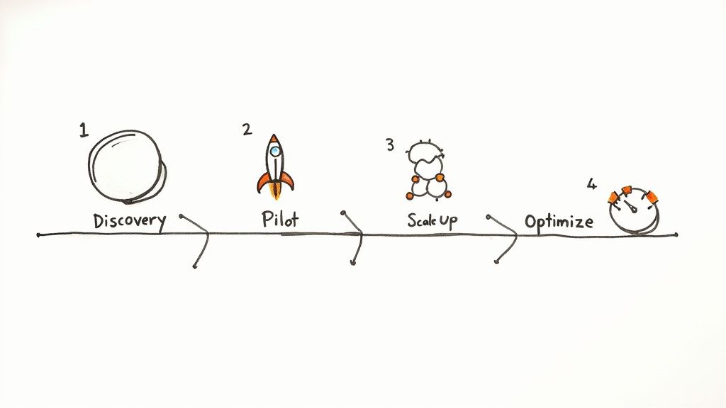 A hand-drawn process diagram illustrating four steps: Discovery, Pilot, Scale Up, and Optimize.