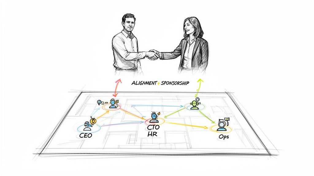 Two business leaders shake hands above a diagram showing organizational alignment and sponsorship for digital transformation.
