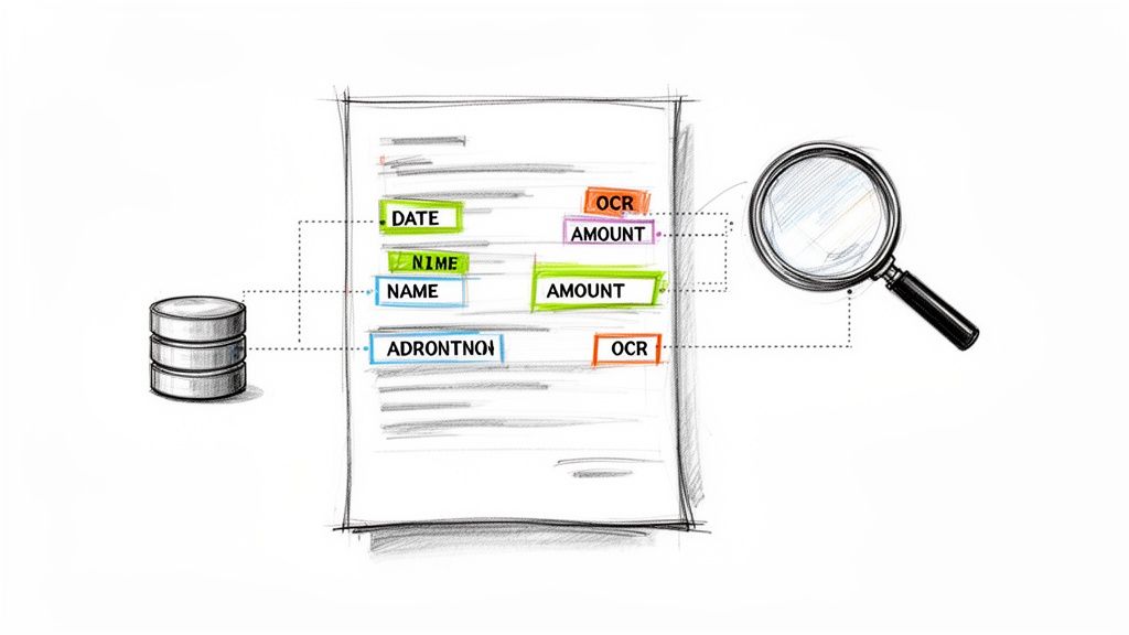 Illustration depicting data extraction from a document using OCR, with fields mapped to a database.