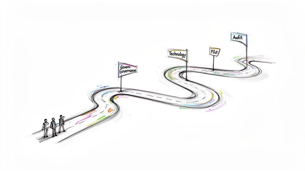 A winding road with three people and flags marking 'Governance', 'Technology', 'Pilot', and 'Audit'.