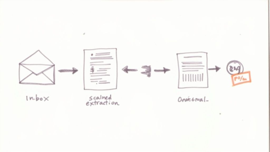 A handwritten diagram illustrating a process flow for automated invoice processing.
