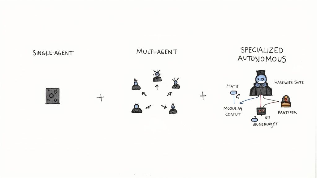 An illustration showing the progression from single-agent to multi-agent to specialized autonomous AI systems.