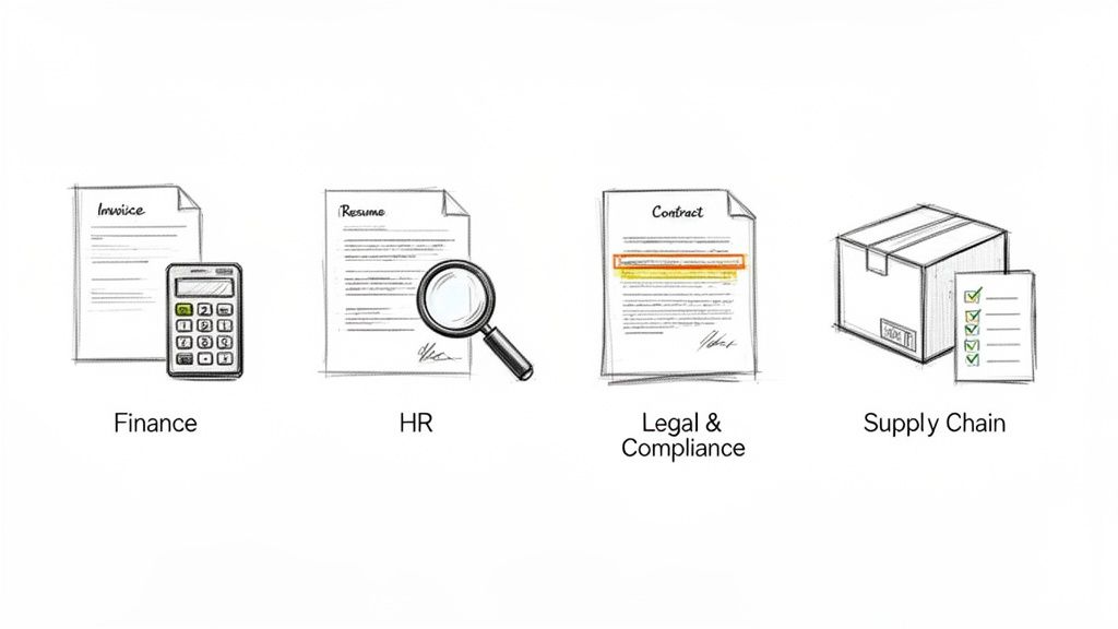 Sketches of documents like invoices, resumes, contracts, and a box for various business functions.