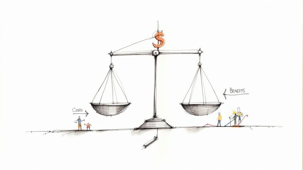 A strategic meeting where a team is analyzing charts and graphs, representing ROI analysis and process mapping for an AI project.