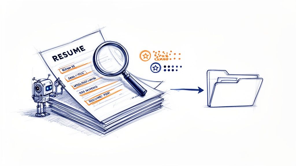 A robotic process automation bot scans resumes using a magnifying glass and sorts them into folders.