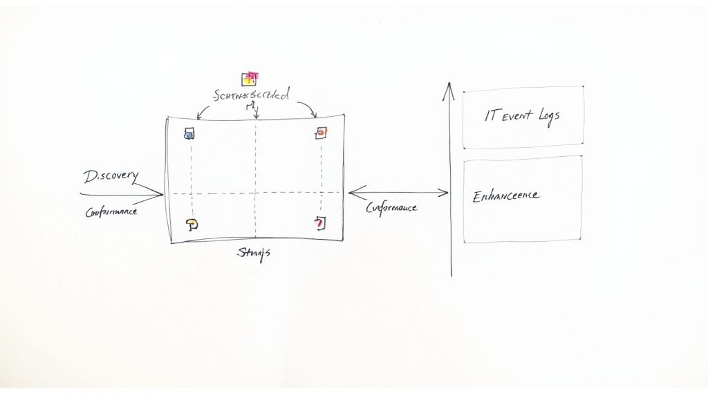 A diagram illustrates process mining concepts, including discovery, conformance, IT event logs, enhancement, and storage.