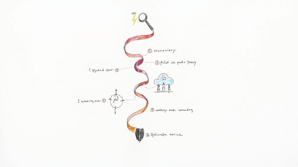 Hand-drawn workflow diagram illustrating a business process with stages from discovery to optimization.