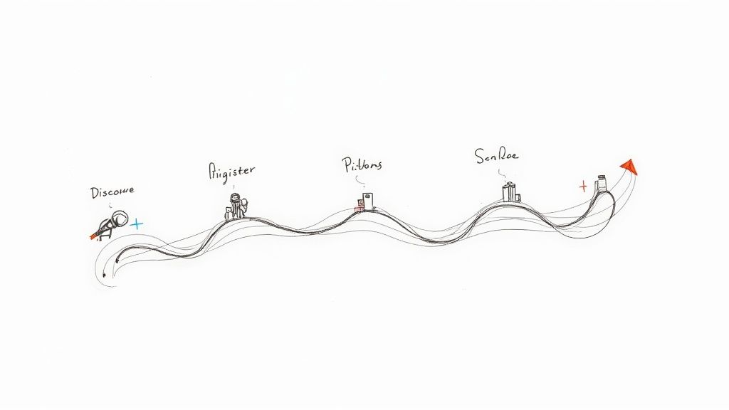 Journey path illustration showing procurement stages from discovery through magister, pilons, seabee to destination