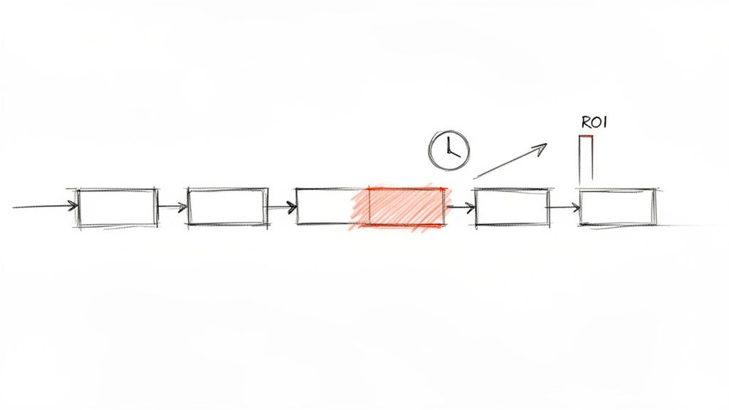 Hand-drawn workflow diagram showing a bottleneck (red box) affecting time and Return on Investment (ROI).