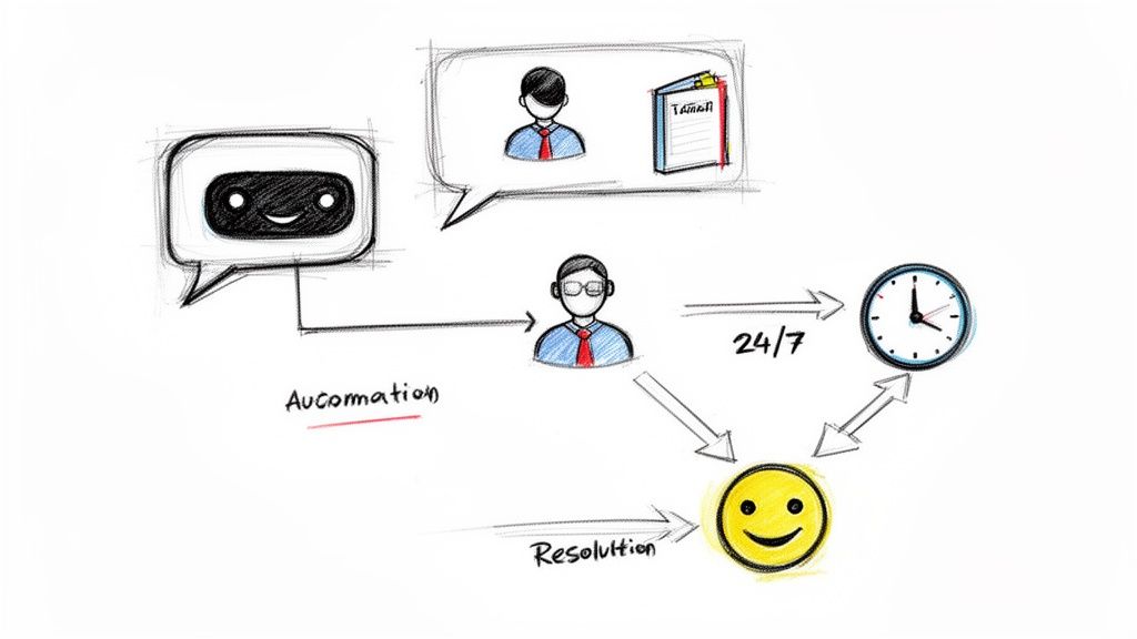 Process diagram: Chatbot automates tasks for a human, enabling 24/7 service and customer resolution.