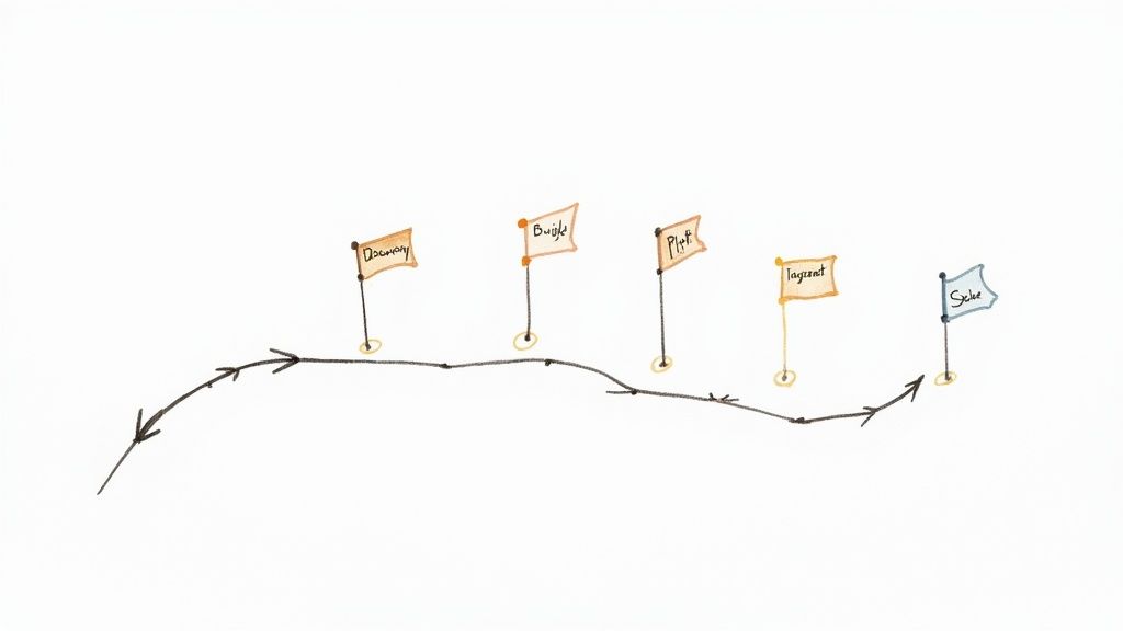 A winding path depicting a process journey, marked by flags for Discovery, Build, Plan, Iterate, and Solve.