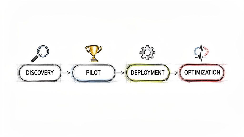 A flowchart illustrates the business process automation lifecycle with four steps: discovery, pilot, deployment, and optimization.