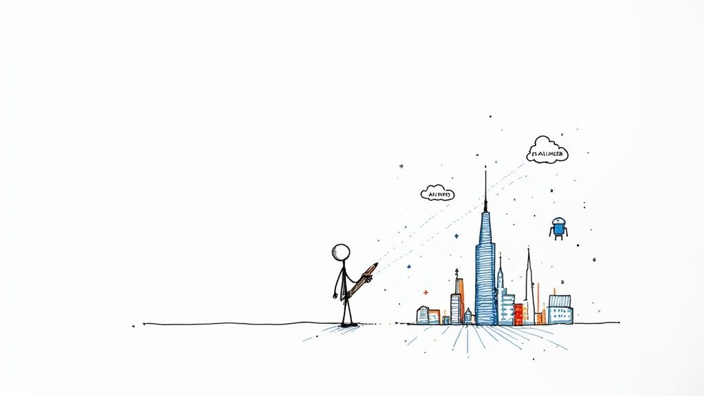 A minimalist drawing of a stick figure sketching a futuristic city skyline with technology elements.