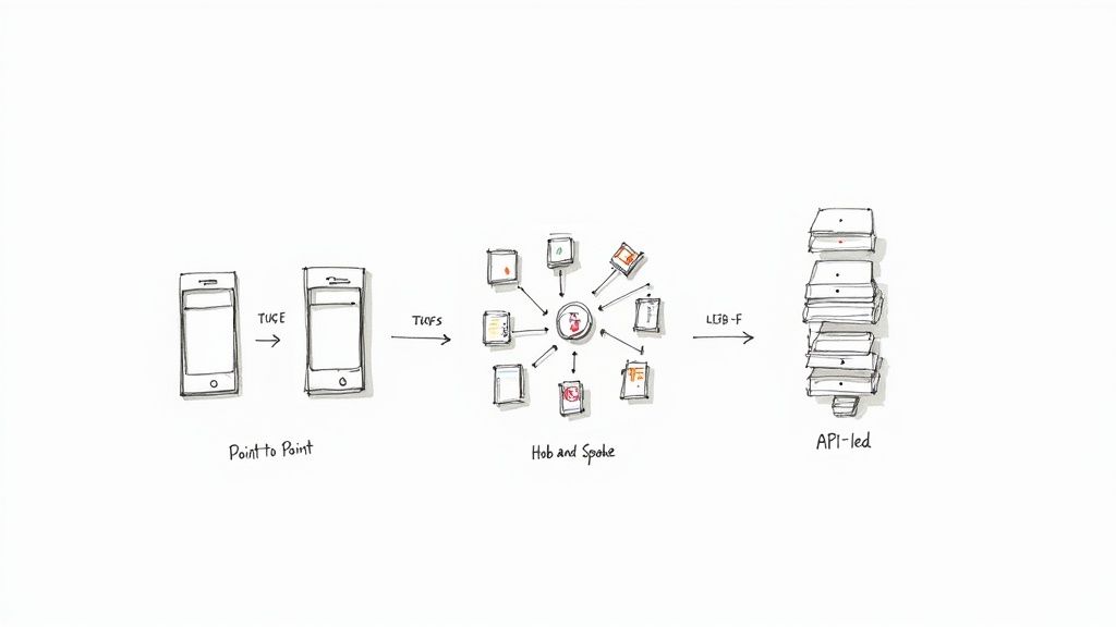 A diagram illustrating point-to-point, hub and spoke, and API-led software integration patterns.
