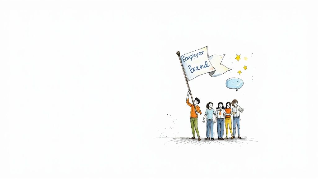 A diverse group of young people proudly holding an 'Employer Brand' flag, with stars and a speech bubble.