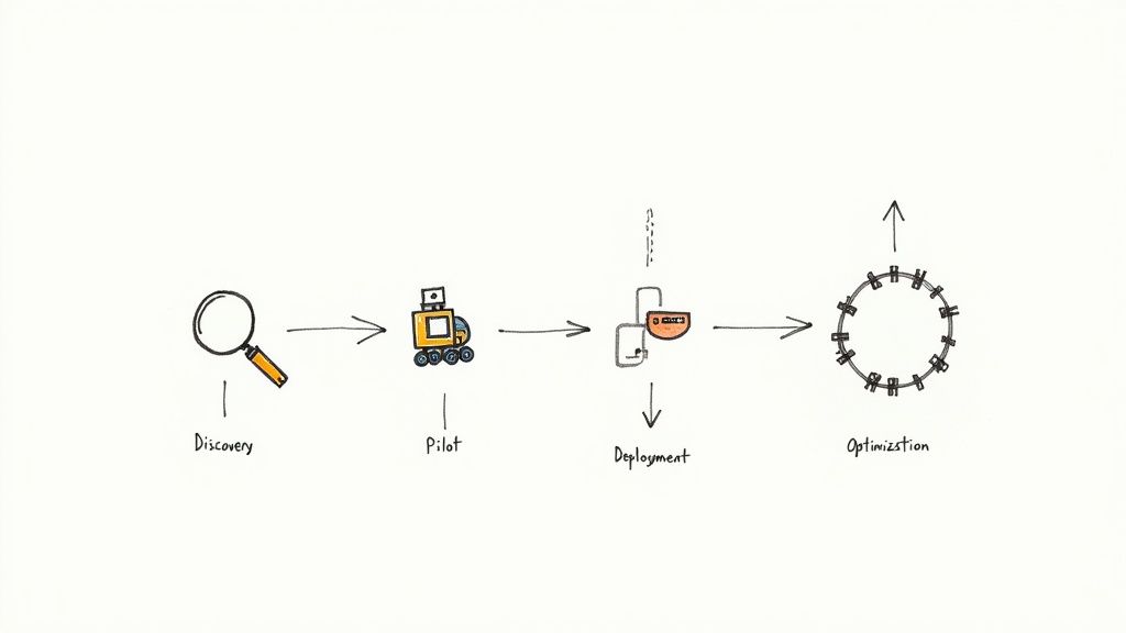 Hand-drawn diagram illustrating the four-stage robotic process automation lifecycle: Discovery, Pilot, Deployment, Optimization.