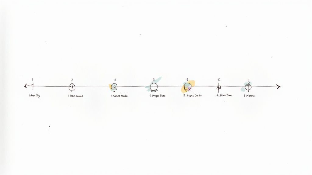 Hand-drawn timeline illustrates a multi-step process including Identify, ACO Mode, Select Model, and Metrics.