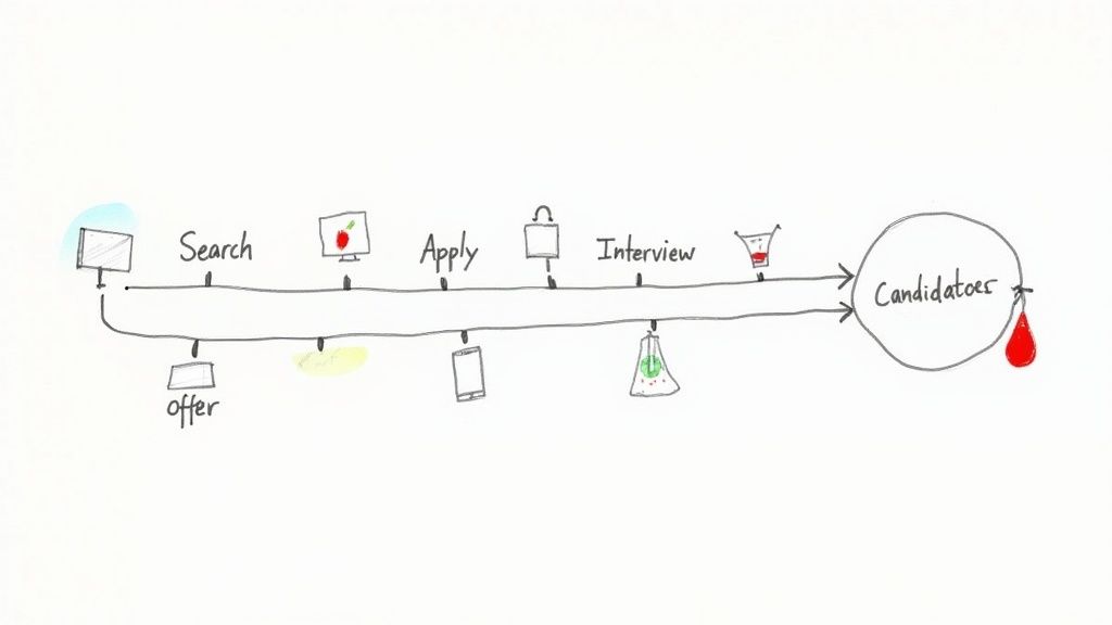 A whiteboard sketch illustrating the candidate hiring journey with stages like search, apply, interview, and offer.