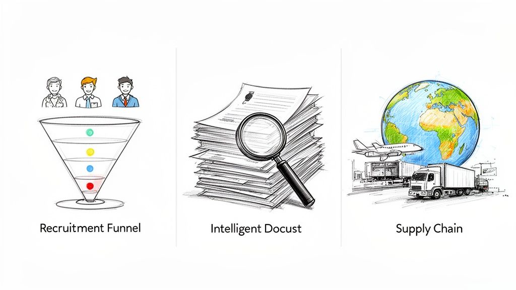 Illustrations of a recruitment funnel, intelligent document processing, and global supply chain management.