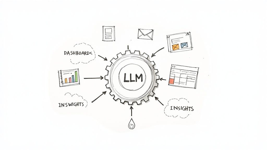 Diagram showing an LLM as a central gear, processing various data inputs and generating outputs.