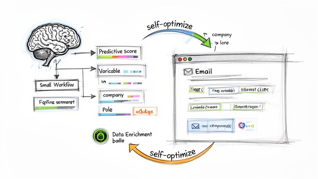 Diagram illustrates a brain-driven workflow generating data for a self-optimizing email interface with data enrichment.