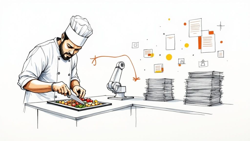 Chef preparing food beside robotic arm and stacks of documents illustrating kitchen automation