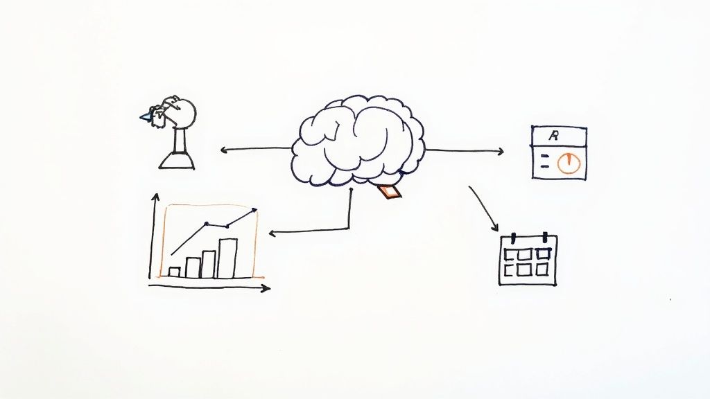 Brain connecting to science flask, analytics chart, task timer, and calendar representing cognitive workflow management