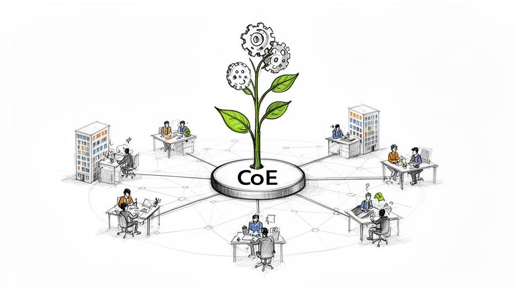 An illustration of a CoE (Center of Excellence) plant with gears, connecting multiple teams and buildings.