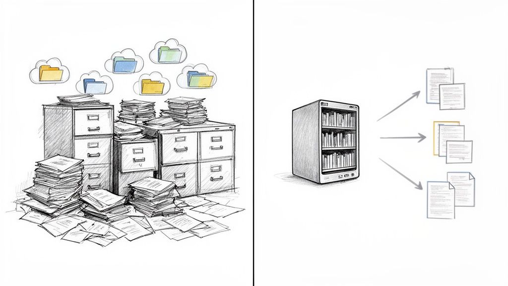Illustration contrasting disorganized physical and cloud documents with an organized electronic documentation system.
