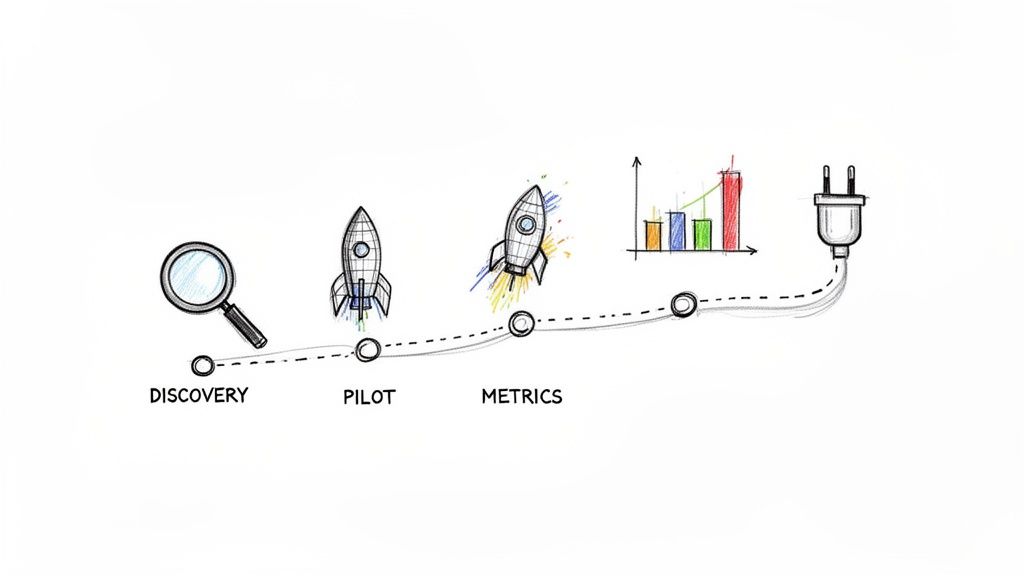 A hand-drawn workflow diagram showing discovery, pilot, and metrics stages leading to a power plug.
