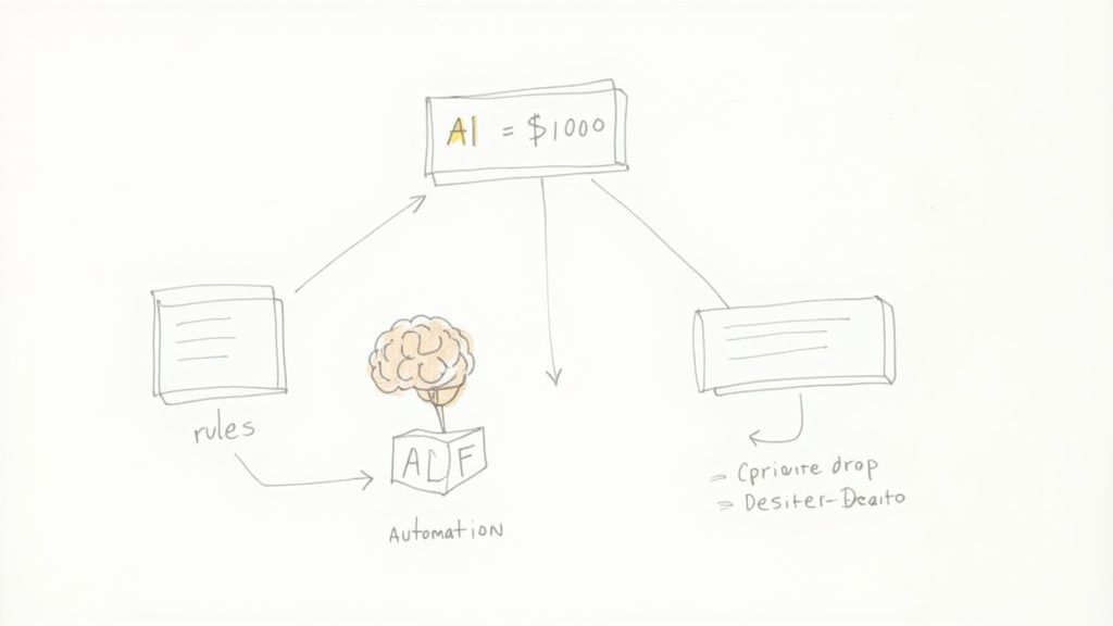 Hand-drawn diagram depicting AI valued at $1000, connecting rules, automation, and outcomes like 'Cpriwire drop'.