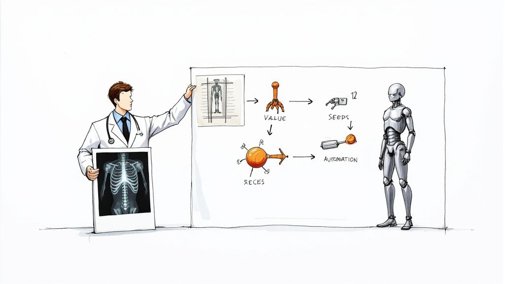 A doctor explains a process flow from human data, value, and automation, leading to a robot.