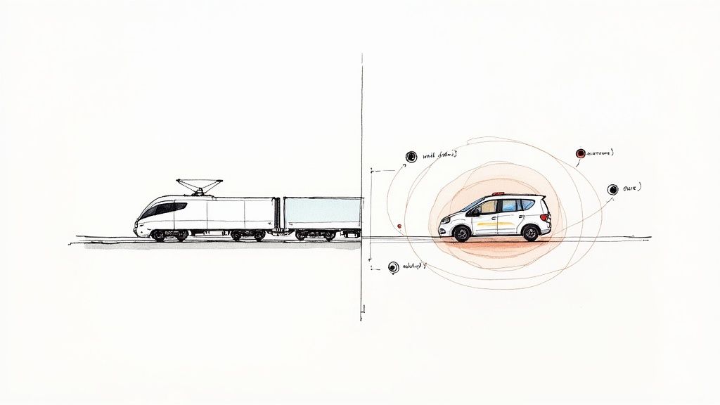 An illustration comparing a high-speed train on tracks with a car emitting orange signals and annotations.