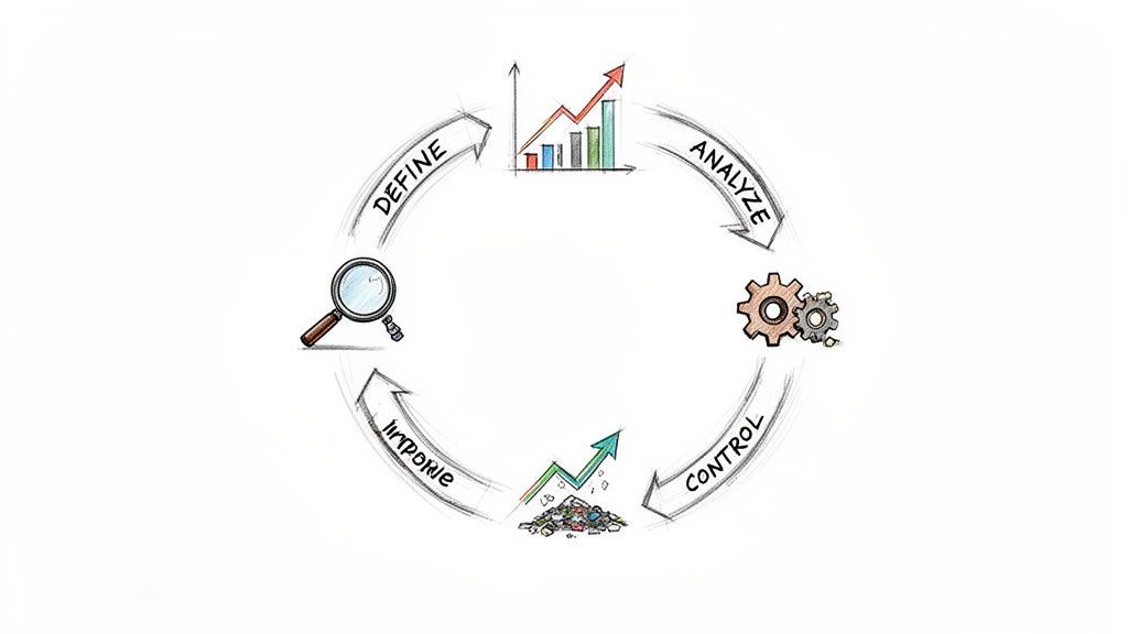 A hand-drawn diagram illustrating a continuous improvement cycle with stages: Define, Analyze, Control, and Improve.