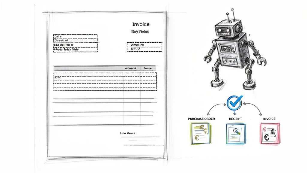A hand-drawn robot processes an invoice, purchase order, and receipt documents, illustrating automation.
