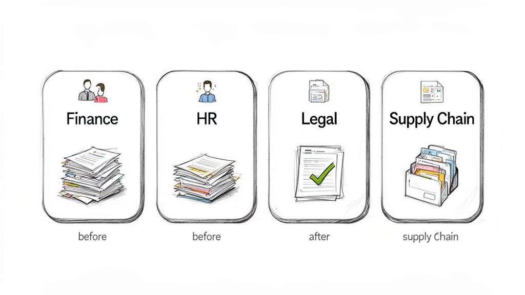 Four business department cards showing stacks of paper before and digital documents after intelligent processing.