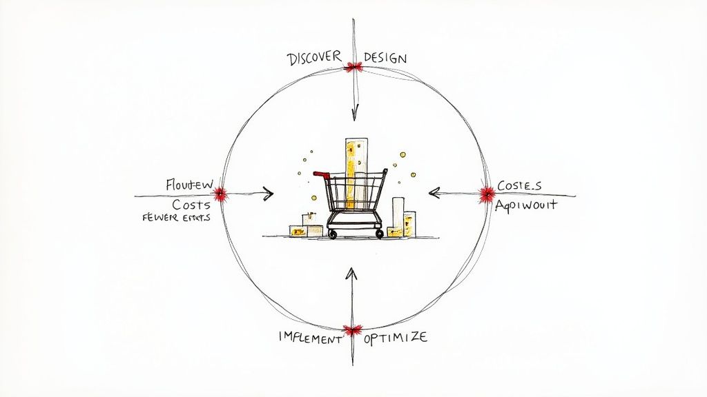 A flowchart showing a business process being automated with icons representing different steps.